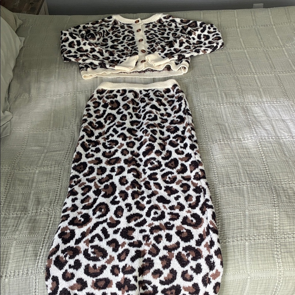 Leopard Print Knit Cardigan + Skirt Set - Cream & Brown